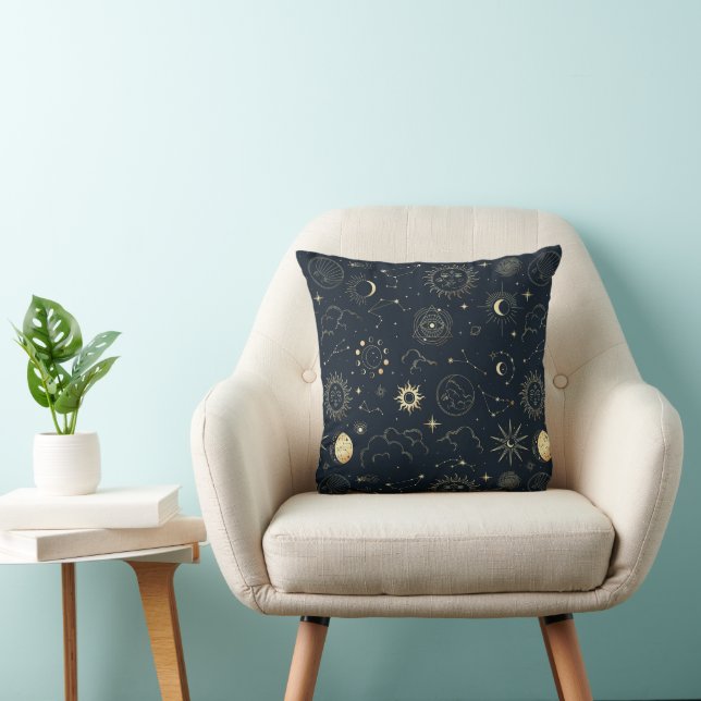 Midnight Blue Gold Star Constellation Pattern Throw Pillow (Chair)