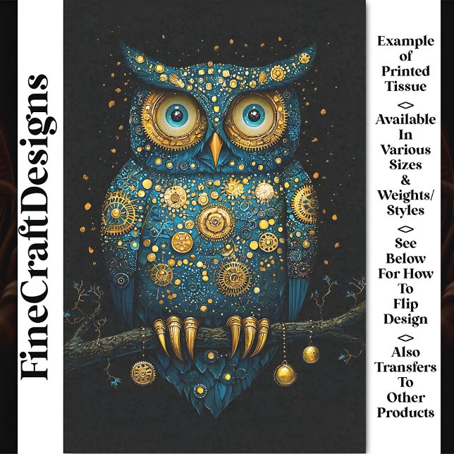 Midnight Blue & Gold Steampunk Owl BY6 Decoupage Tissue Paper (Creator Uploaded)