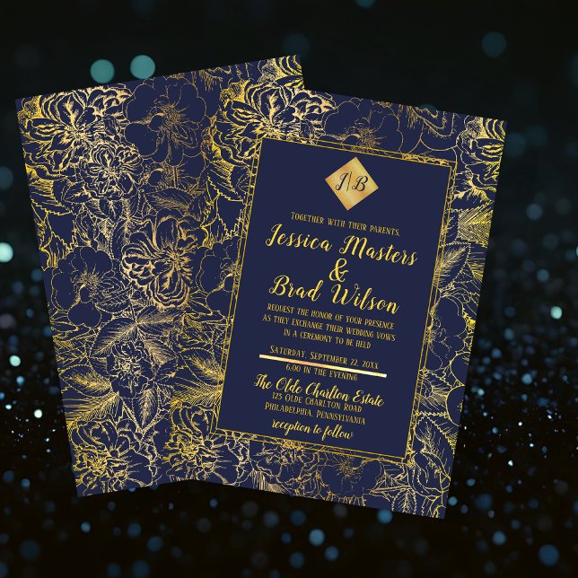 Midnight Blue | Gold Vintage Floral Wedding Invitation (Dark Blue Faux Gold Foil Look Vintage Floral Wedding Monogram Invitation)