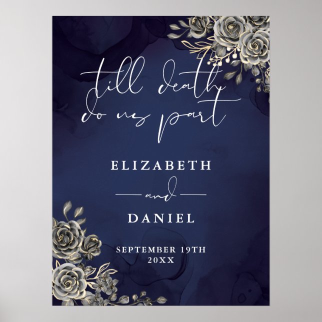 Midnight Blue Goth Roses Floral Wedding Sign (Front)