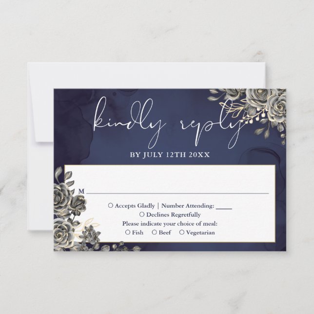 Midnight Blue Gothic Floral Roses Wedding RSVP Card (Front)