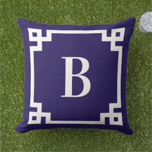 Midnight Blue Greek Key Border Monogram Outdoor Pillow