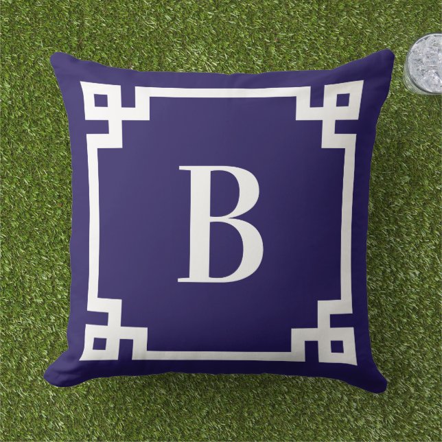 Midnight Blue Greek Key Border Monogram Outdoor Pillow (Grass)