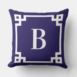 Midnight Blue Greek Key Border Monogram Outdoor Pillow