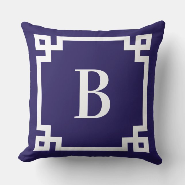 Midnight Blue Greek Key Border Monogram Outdoor Pillow (Front)