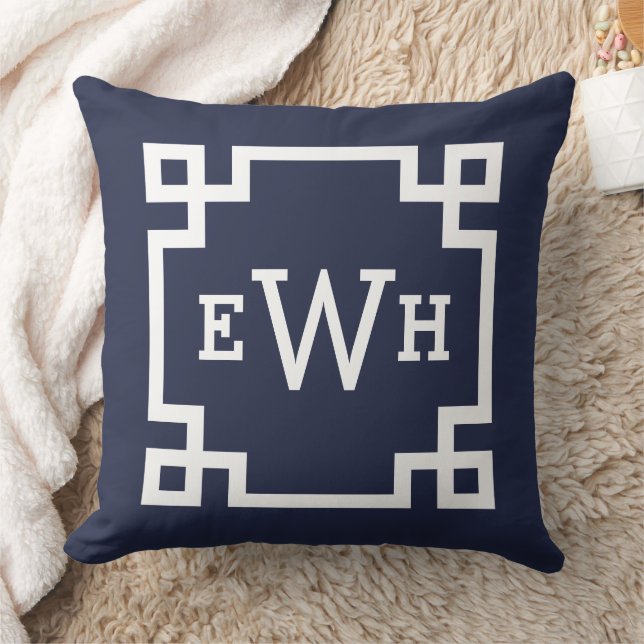Midnight Blue Greek Key Monogram Initial Throw Pillow (Blanket)
