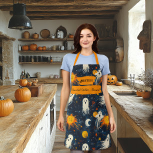 Midnight Blue Halloween Apron with Ghosts and Sun 