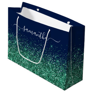 Midnight Blue Hunter Green Glitter Elegant Name Large Gift Bag