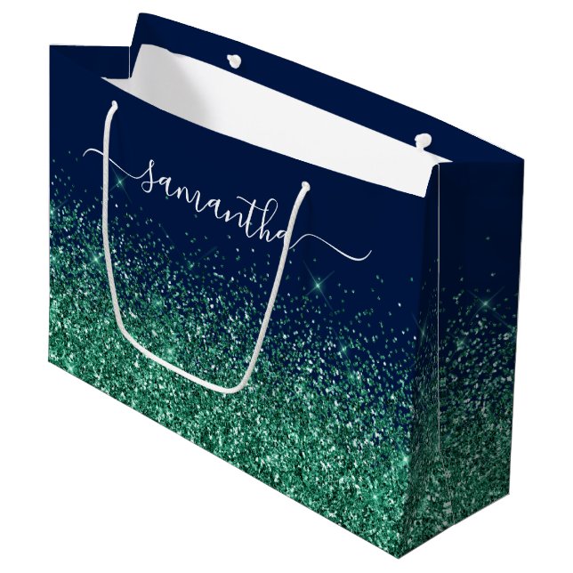 Midnight Blue Hunter Green Glitter Elegant Name Large Gift Bag (Front Angled)