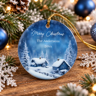 Midnight Blue Icy Snow Celestrial Christmas Ceramic Ornament