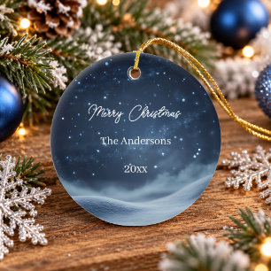 Midnight Blue Icy Stars Celestrial Christmas Ceramic Ornament