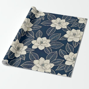 Midnight Blue Ivory Magnolia Modern Floral Wrapping Paper