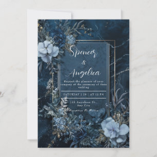 Midnight Blue Marble Floral Gold Frame Wedding Invitation
