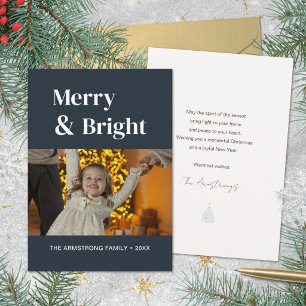 Midnight Blue Minimalist Merry Bright Christmas Holiday Card
