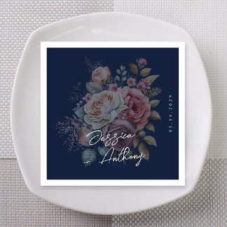 Midnight Blue Moody Romance Floral Wedding Napkin