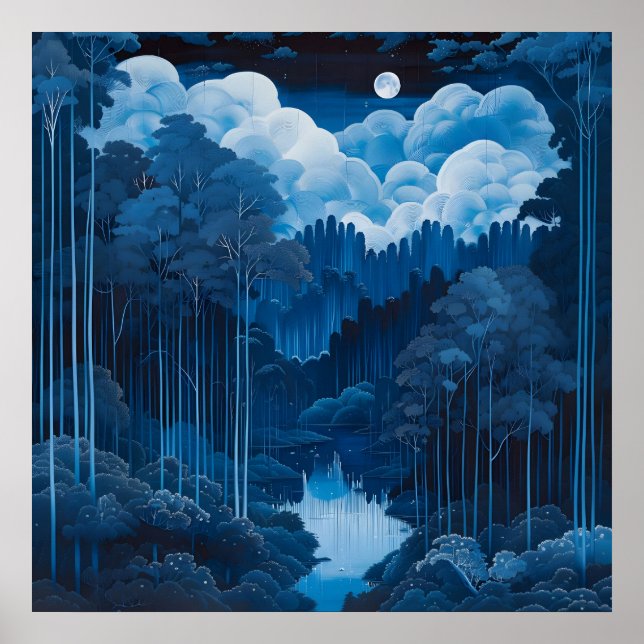 Midnight Blue Moon Forest Poster (Front)