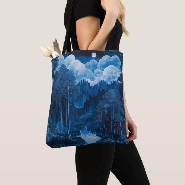Midnight Blue Moon Forest Tote Bag (Close Up)