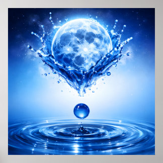 Midnight Blue Moon Liquid Splash Poster