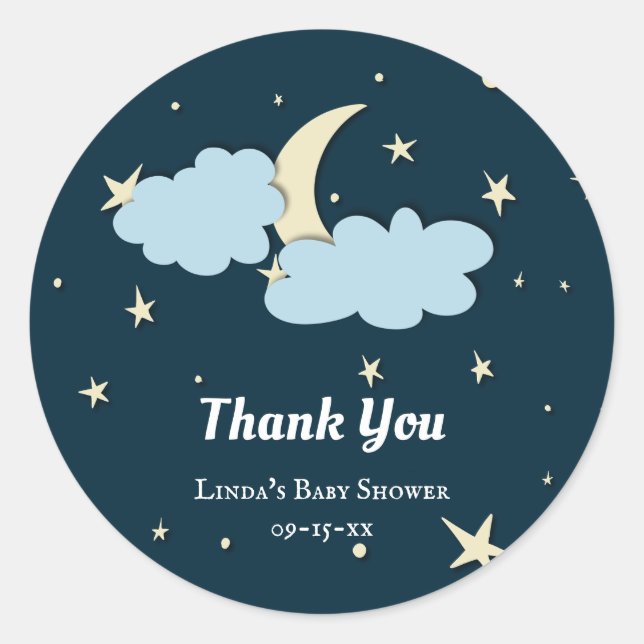 Midnight Blue Moon & Stars Elegant Baby Shower Classic Round Sticker (Front)