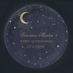 Midnight Blue Moon Stars Quinceanera Paper Plate<br><div class="desc">Our "Celestial Midnight Quinceañera" collection features a beautiful crescent moon with gold stars  in various designs on a velvet midnight blue background paired with elegant fonts. Check our store for more items from this collection.</div>