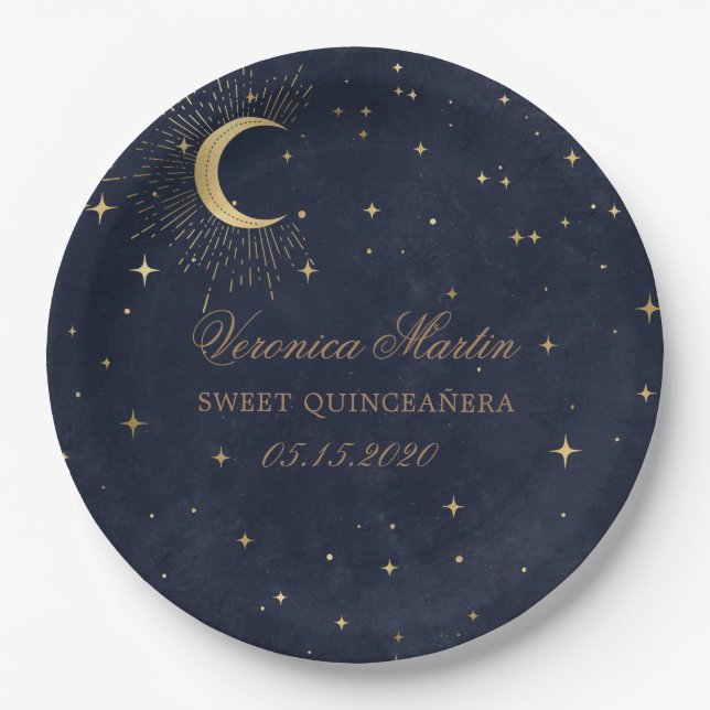 Midnight Blue Moon Stars Quinceanera Paper Plate (Front)