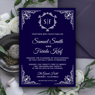 Midnight Blue Ornate Monogram Wedding Invitation