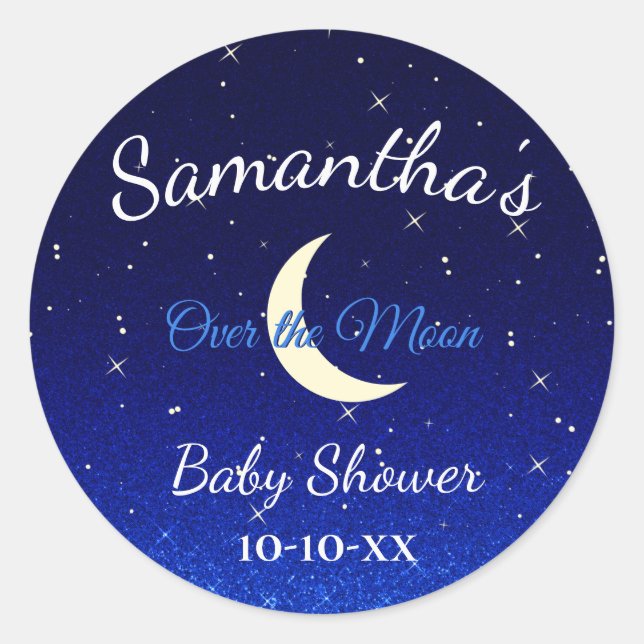 Midnight Blue Over the Moon Baby Shower Classic Round Sticker (Front)