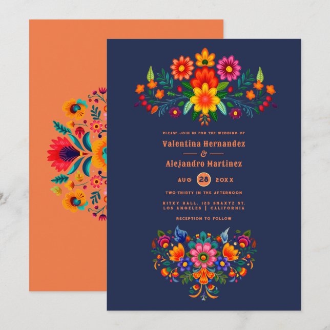 Midnight Blue & Papaya Folk Art Fiesta Wedding Invitation (Front/Back)