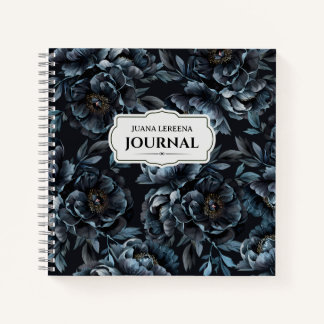 Midnight Blue Peonies Vintage Label Notebook
