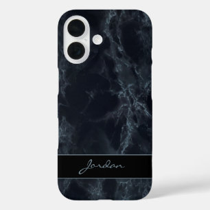 Midnight Blue Polished Marble Stone with Name iPhone 16 Case