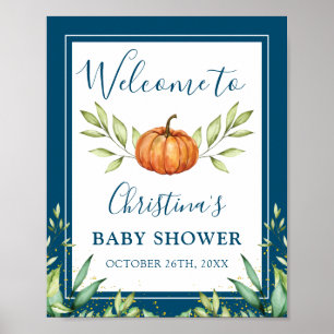 Midnight Blue Pumpkin Fall Baby Shower Welcome Poster