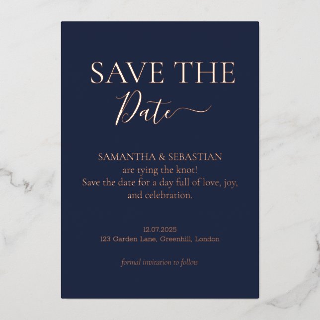 Midnight Blue Real Foil Real Foil Save the Date Holiday Card (Front)