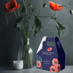 Midnight Blue Red Poppy Will You Be My Bridesmaid Favor Box
