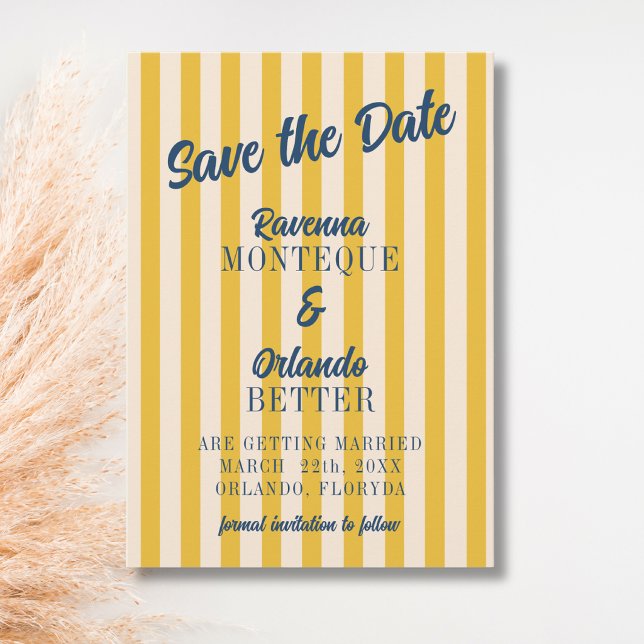 Midnight Blue Retro Muted Peach Stripe Wedding Save The Date (Creator Uploaded)