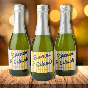 Midnight Blue Retro Muted Peach Stripe Wedding Sparkling Wine Label