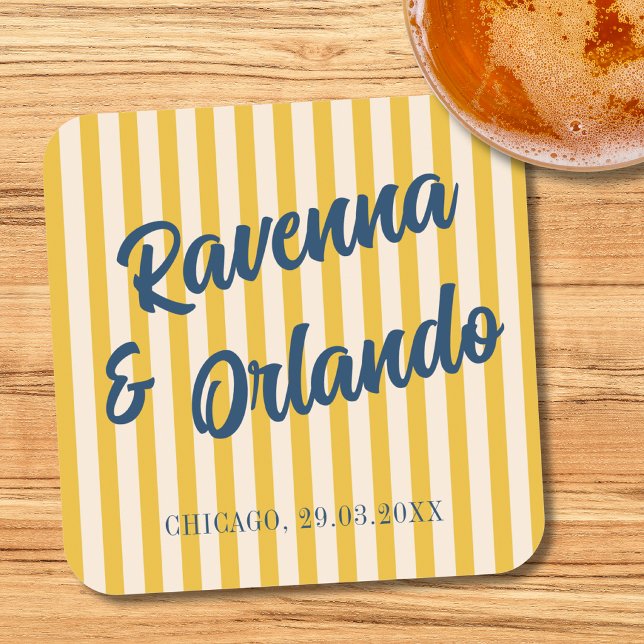 Midnight Blue Retro Muted Peach Stripe Wedding Square Paper Coaster (Creator Uploaded)