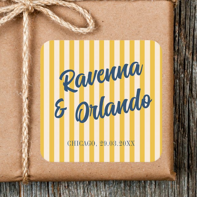 Midnight Blue Retro Muted Peach Stripe Wedding Square Sticker (Creator Uploaded)