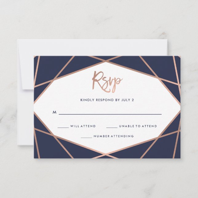 Midnight Blue Rose Gold Geometric Bat Mitzvah RSVP Card (Front)