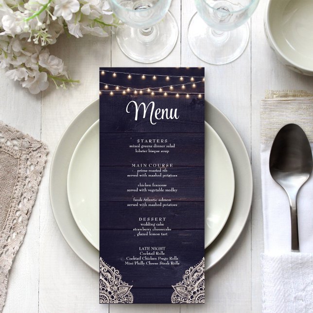Midnight Blue Rustic Elegance Menu Card (Midnight Blue Rustic Elegance Menu Card on a white wedding table.)