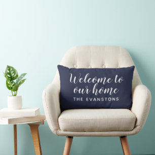 Midnight Blue Script Welcome to Our Home Lumbar Pillow