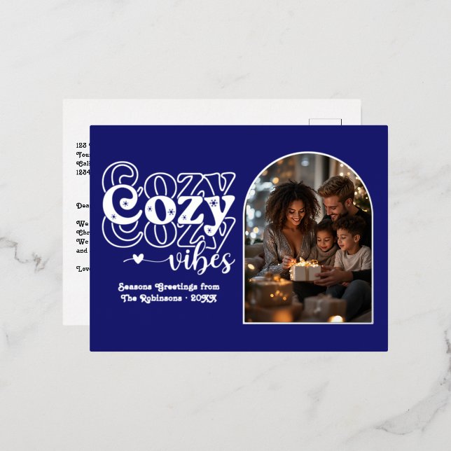 Midnight Blue & Silver Cozy Vibes Retro Christmas Foil Holiday Postcard (Front/Back)