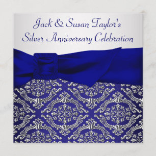 Midnight Blue Silver Damask 25th Anniversary Party Invitation