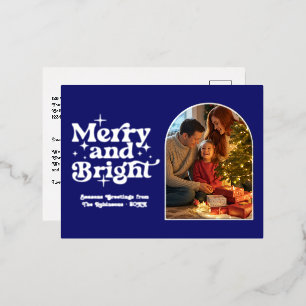 Midnight Blue & Silver Merry & Bright Retro Xmas Foil Holiday Postcard