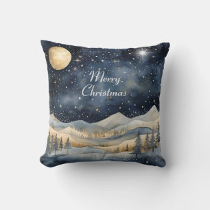 Midnight Blue Sky Starry Mountain Family Christmas Throw Pillow