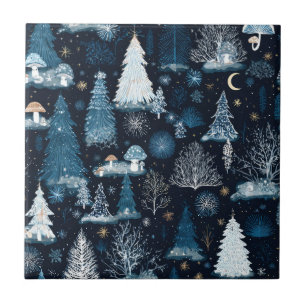 Midnight Blue Snowy Forest Whimsical Winter Tile