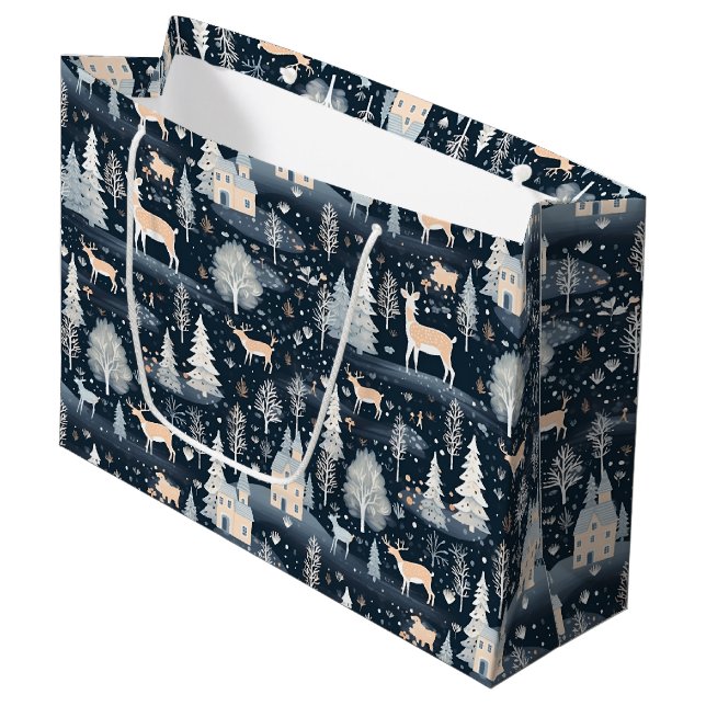 Midnight Blue Snowy Village  Large Gift Bag (Front Angled)