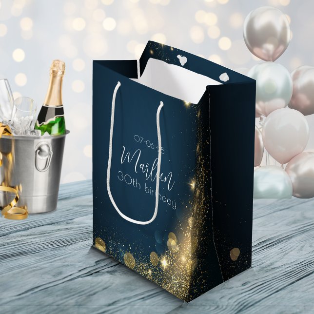 Midnight blue sparkling gold medium gift bag (Customizable gift bag with name and date. Party favor dark blue gold glamour.)