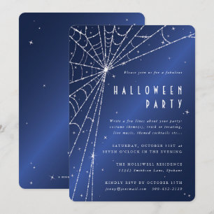 Midnight Blue Sparkling Spider Web Halloween Party Invitation