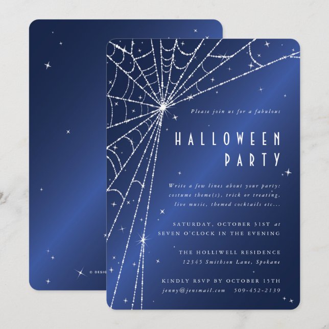 Midnight Blue Sparkling Spider Web Halloween Party Invitation (Front/Back)