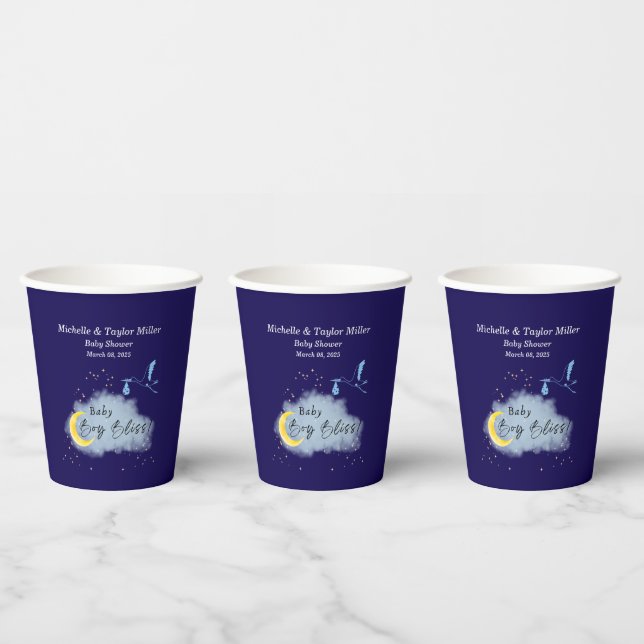 Midnight Blue Starlit Baby Boy Bliss: Stork  Paper Cups (Multi)
